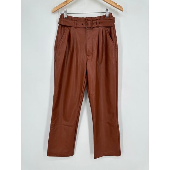 Abercrombie & Fitch Paperbag Belted Straight Leg Pants Faux Leather, Brown NWT - Picture 4 of 12